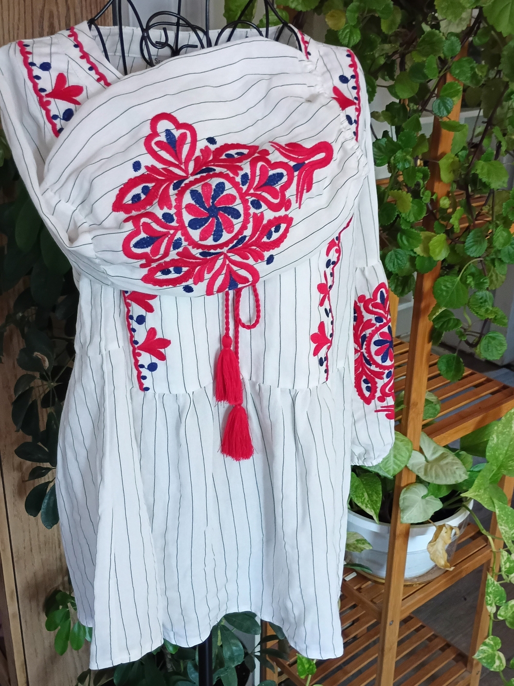 White Embroidered Peasant Tunic with Red Tassels
